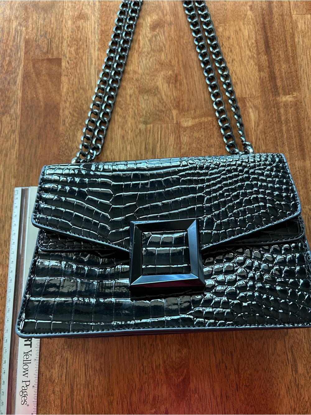 Glossy Black Croc-Embossed Chain Shoulder Bag